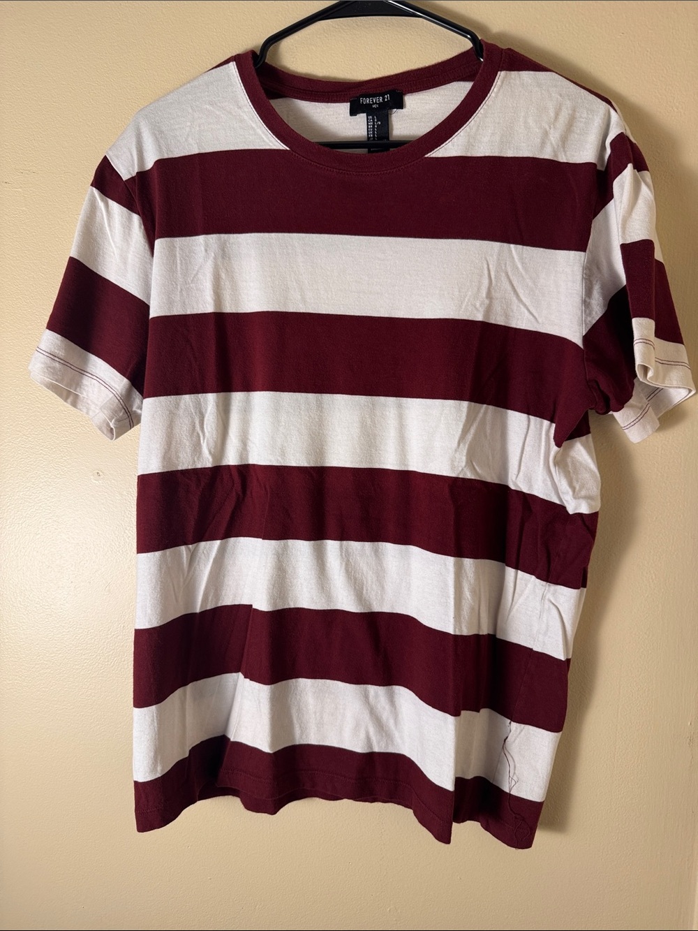 Forever 21 Men’s Burgundy and White Horizontal Stripe Crewneck Tee